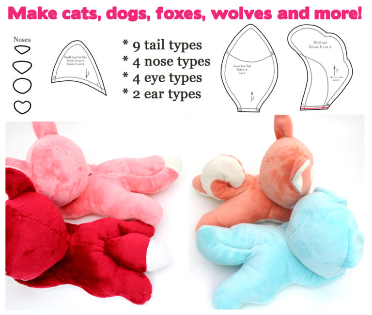 Free plush sewing pattern: Cat, dog, fox, wolf laying stuffed animals