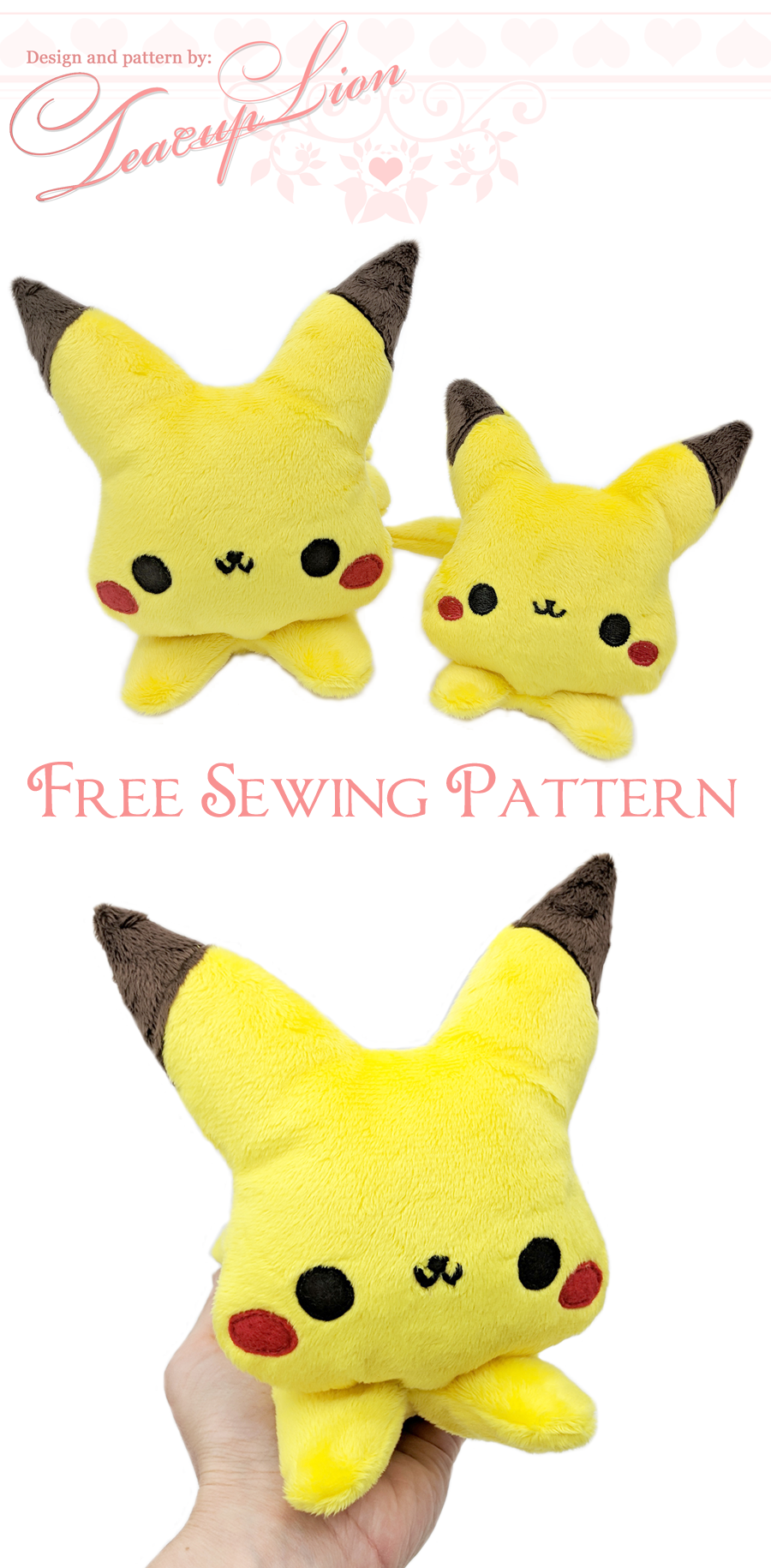 Free Pikachu Pokemon plush sewing pattern and ITH machine embroidery